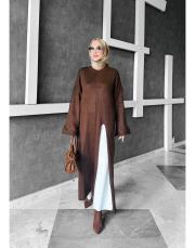 word yırtmçlı triko elbise kahve