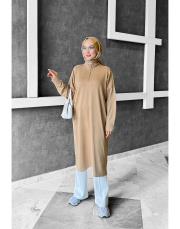 nıght yakası fermuarlı merserize diz altı tunik latte