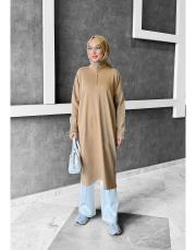 nıght yakası fermuarlı merserize diz altı tunik latte 2