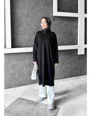 nıght yakası fermuarlı merserize diz altı tunik siyah 2