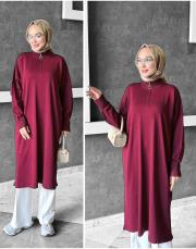 nıght yakası fermuarlı merserize diz altı tunik bordo