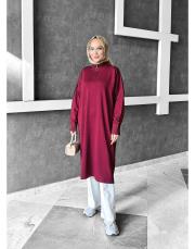nıght yakası fermuarlı merserize diz altı tunik bordo 2