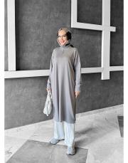 nıght yakası fermuarlı merserize diz altı tunik gri