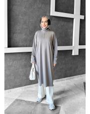 nıght yakası fermuarlı merserize diz altı tunik gri 2