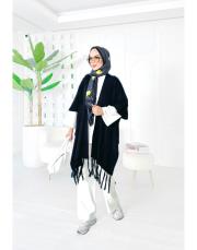 selen triko püsküllü panço siyah