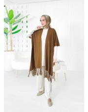 selen triko püsküllü panço kahve