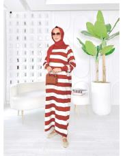 çizgili triko elbise kiremit