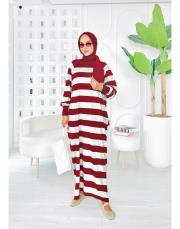 çizgili triko elbise bordo