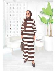 çizgili triko elbise kahve