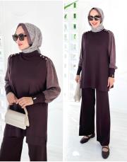 sentor omuz düğmeli kollar kupra merserize tunik kahve