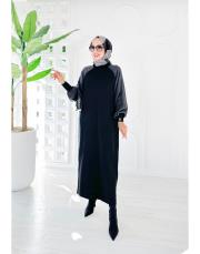 winks merserize kupra kol detay triko elbise siyah 2