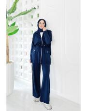 mayla bel büzgülü broşlu merserize triko takım lacivert