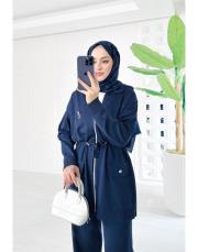 mayla bel büzgülü broşlu merserize triko takım lacivert 2