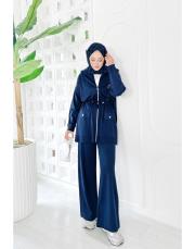 mayla bel büzgülü broşlu merserize triko takım lacivert 3