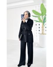 mayla bel büzgülü broşlu merserize triko takım siyah 2