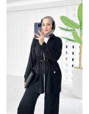 mayla bel büzgülü broşlu merserize triko takım siyah 3