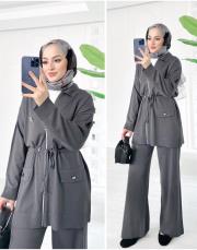 mayla bel büzgülü broşlu merserize triko takım antrasit