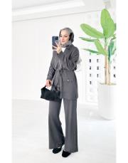 mayla bel büzgülü broşlu merserize triko takım antrasit 2