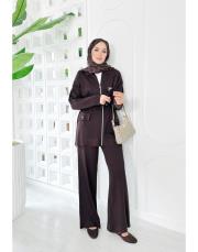 mayla bel büzgülü broşlu merserize triko takım kahve 2