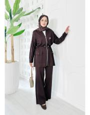 mayla bel büzgülü broşlu merserize triko takım kahve 3