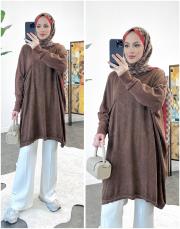 artem tek cepli oversize pamuk triko tunik kahve