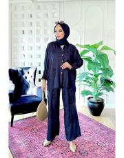 nakışlı keten takım lacivert