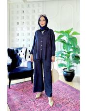 nakışlı keten takım lacivert 3