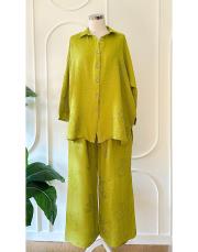 nakışlı keten takım yağyeşili