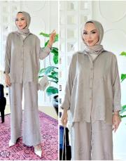 nakışlı keten takım gri