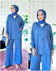 nakışlı keten takım indigo