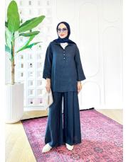 carla ithal sırtı düğmeli keten takım lacivert