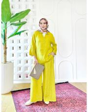 carla ithal sırtı düğmeli keten takım sarı 3