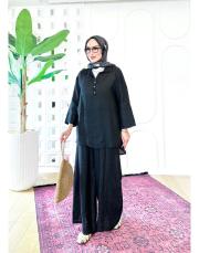 carla ithal sırtı düğmeli keten takım siyah 2