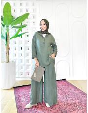 carla ithal sırtı düğmeli keten takım haki