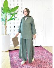 carla ithal sırtı düğmeli keten takım haki 3