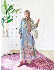 sarmaşık ithal keten gömlek elbise mavi