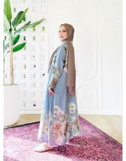 sarmaşık ithal keten gömlek elbise mavi 2