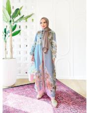 sarmaşık ithal keten gömlek elbise mavi 3