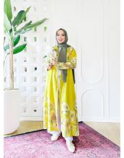 sarmaşık ithal keten gömlek elbise sarı 3