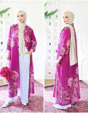 sarmaşık ithal keten gömlek elbise fuşya