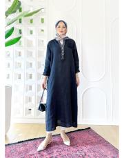 gül ithal keten payetli elbise lacivert 2