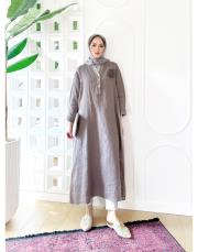 gül ithal keten payetli elbise vizon