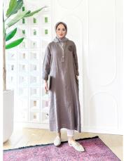 gül ithal keten payetli elbise vizon 3