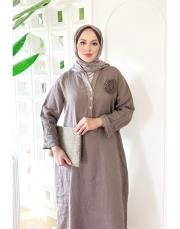 gül ithal keten payetli elbise vizon 4