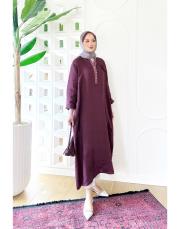 gül ithal keten payetli elbise bordo 3