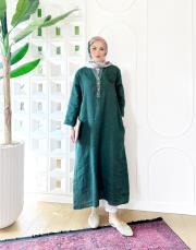 gül ithal keten payetli elbise zümrüt