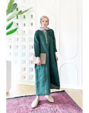 gül ithal keten payetli elbise zümrüt 2