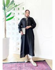 gül ithal keten payetli elbise acı kahve