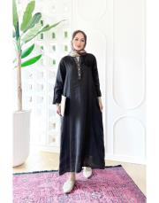 gül ithal keten payetli elbise acı kahve 2