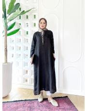 gül ithal keten payetli elbise acı kahve 3